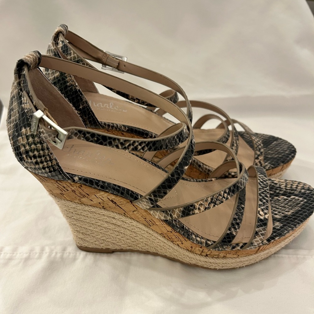 Charles David Leawood‎ Snake Print Cork Espadrille Platform Wedge Sandals Sz 8